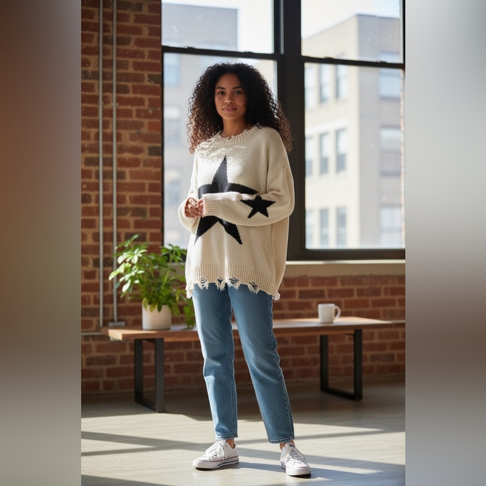 Main Strip Women's Sweater Size M Ivory with Black Stars Y2K Streetwear Vintage
